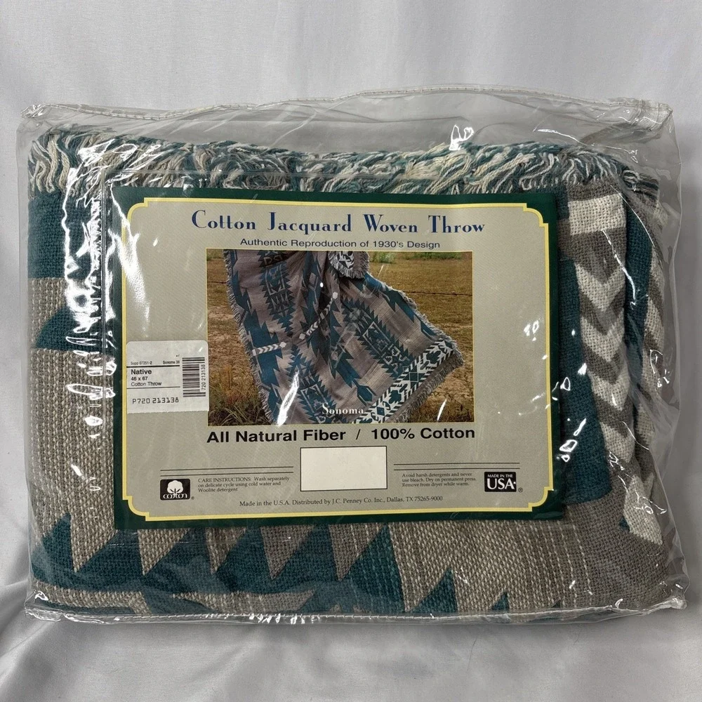 Sonoma Cotton Jacquard Woven‎ Throw NATIVE Blanket 46x67 Green Beige USA NEW